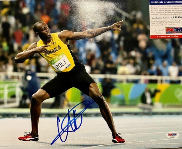 Usain Bolt  Famous Pose Red and Black Cleats 11x14 (PSA DNA)